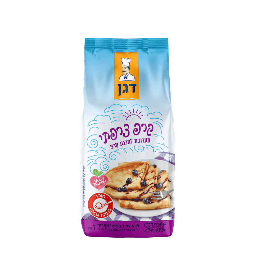 דגן תערובת להכנת קרפ צרפתי, בתמונה קרפ צרפתי עם זיגוג של רוטב שוקולד ואוכמניות